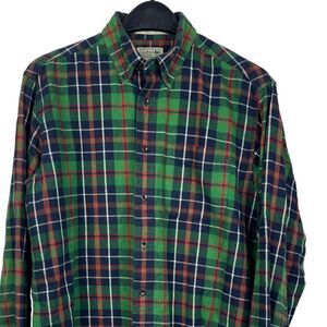 Vintage Y2K LL Bean Mens Medium FLANNEL Button Long Sleeve Down Blue Green Plaid